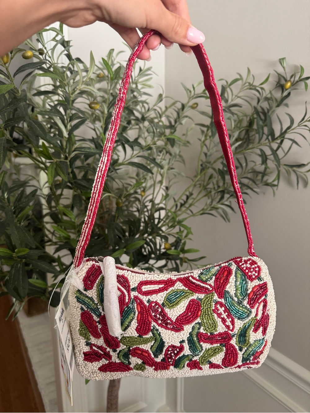 Made in India Red + white beaded chili pepper shoulder bag